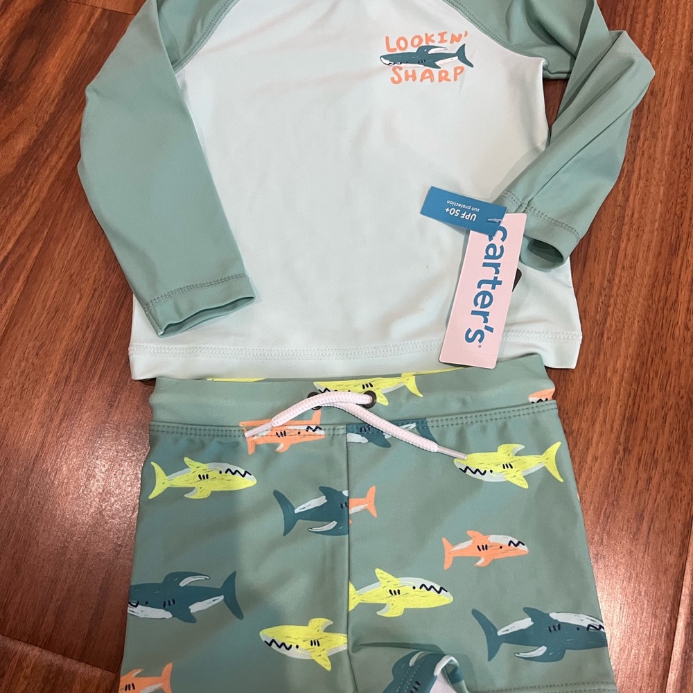 Carter's Kids Swim Rashguard Set - Green with Shark Print